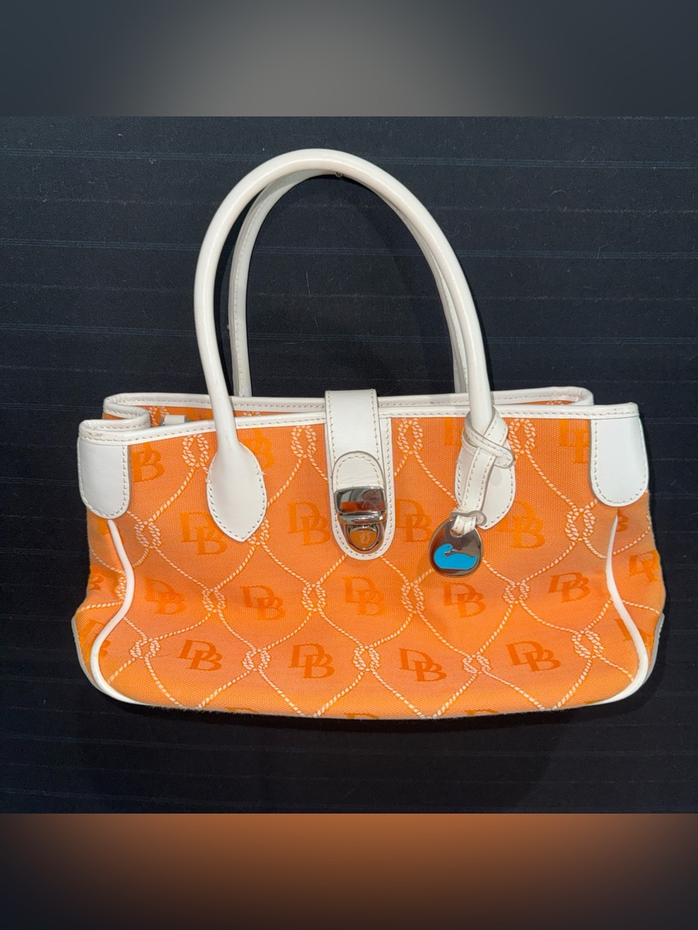 Dooney & Burke Signature Monogram Orange White Leather Double Handle Purse Bag